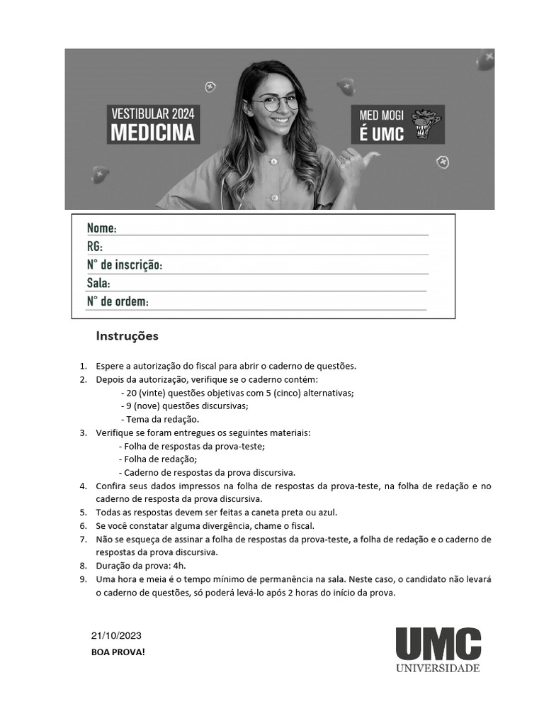 2024 Umc Prova Medicina Com Gabaritos Pdf
