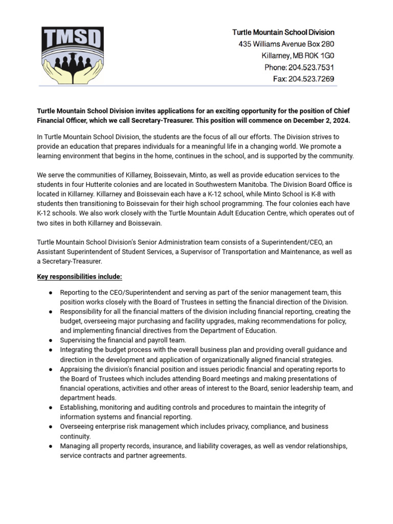 Secretary Treasurer Turtle Mountain School Division | PDF