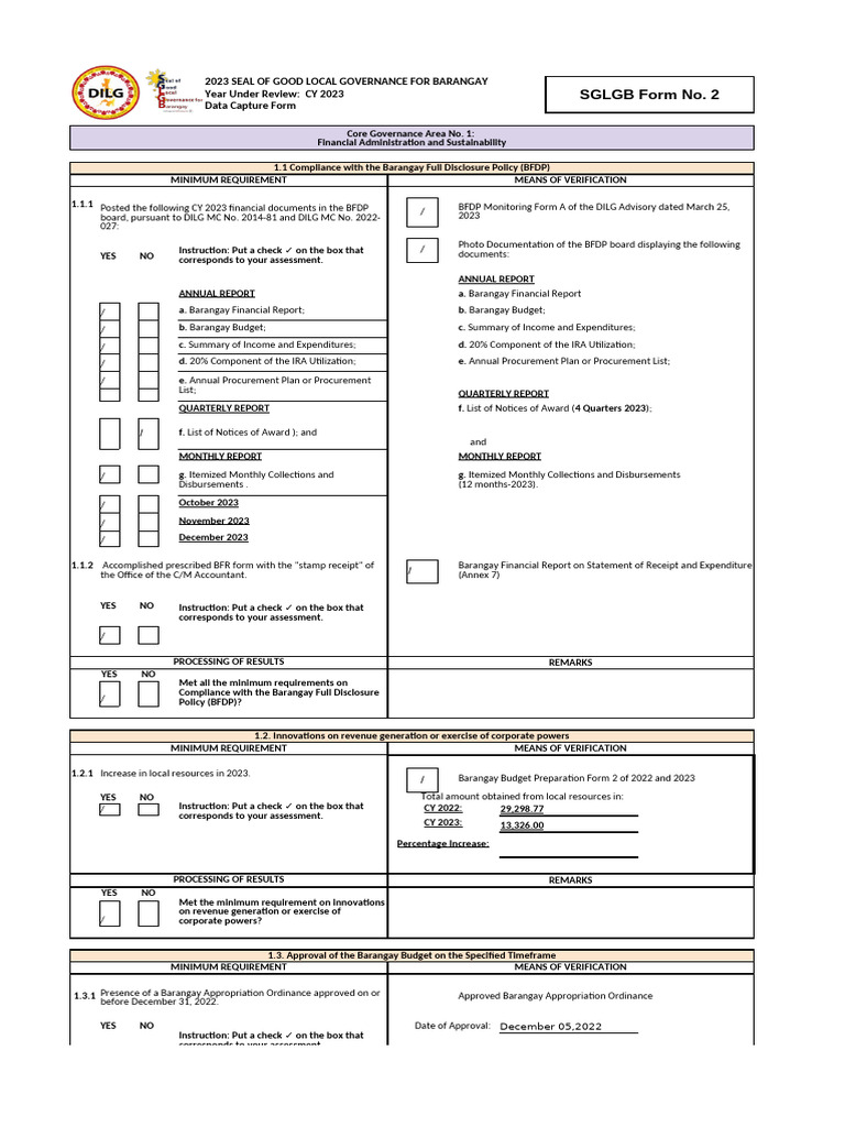 Poblacion Final 2023 SGLGB Form 2 Data Capture Form DCF 1 | PDF