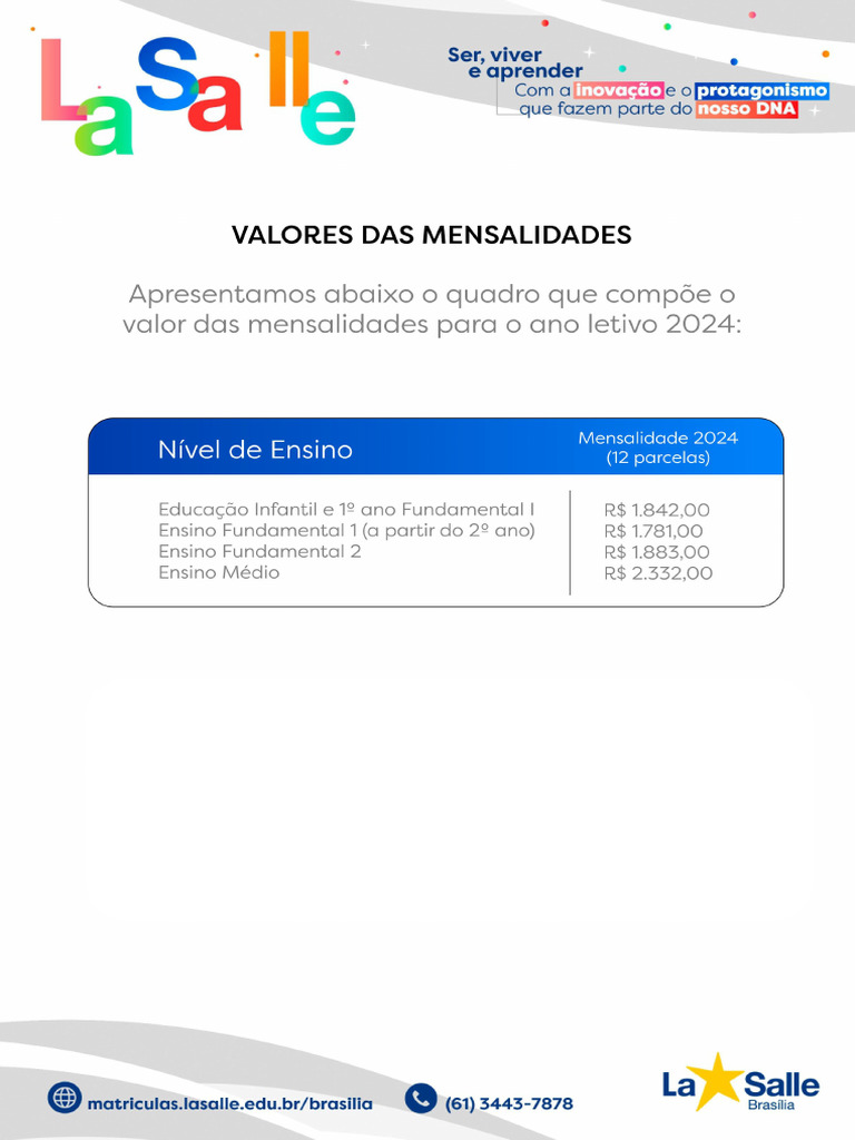 Valores Da Mensalidade | PDF