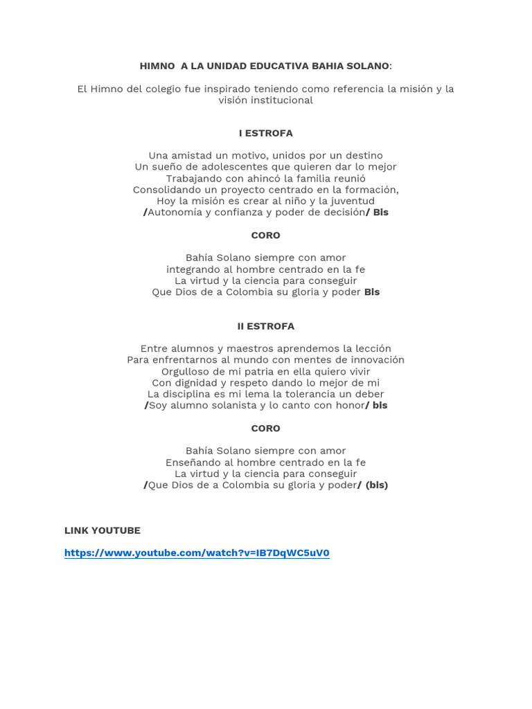 Himno A La Unidad Educativa Bahia Solano | PDF