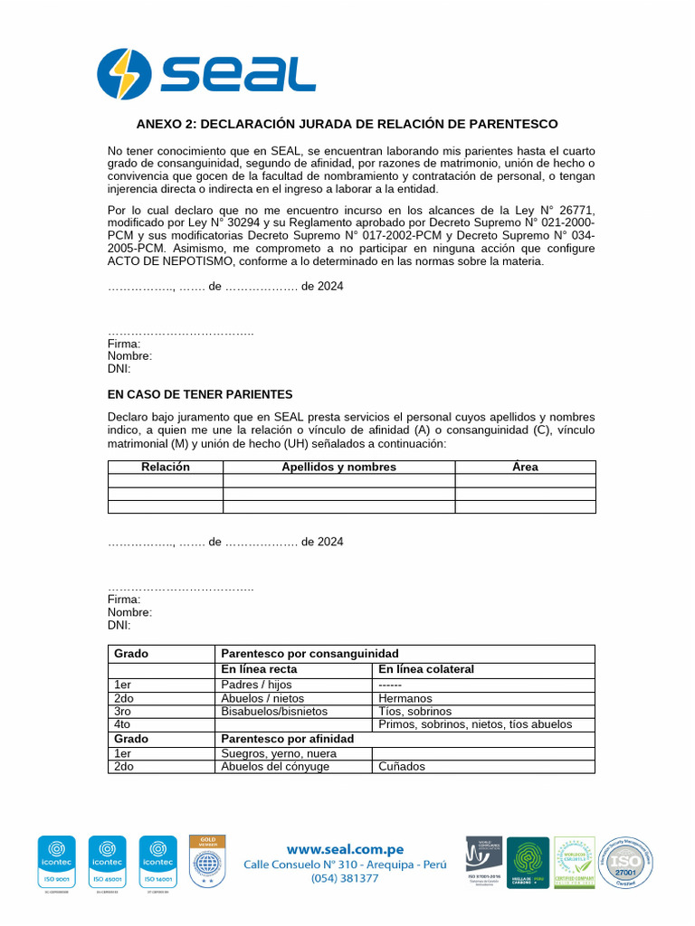 Anexo 2 - Declaración Jurada de Relación de Parentesco | PDF