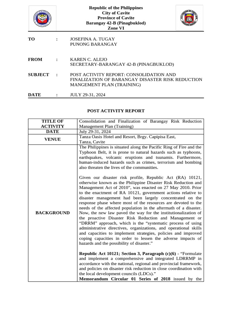 Sample Template Post Activity Report Bdrrm Tanza Oasis | PDF