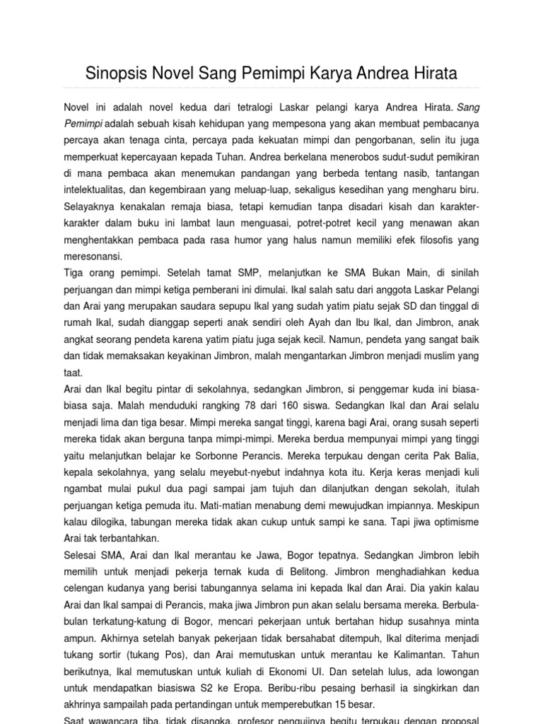 Sinopsis Novel Sang Pemimpi Karya Andrea Hirata