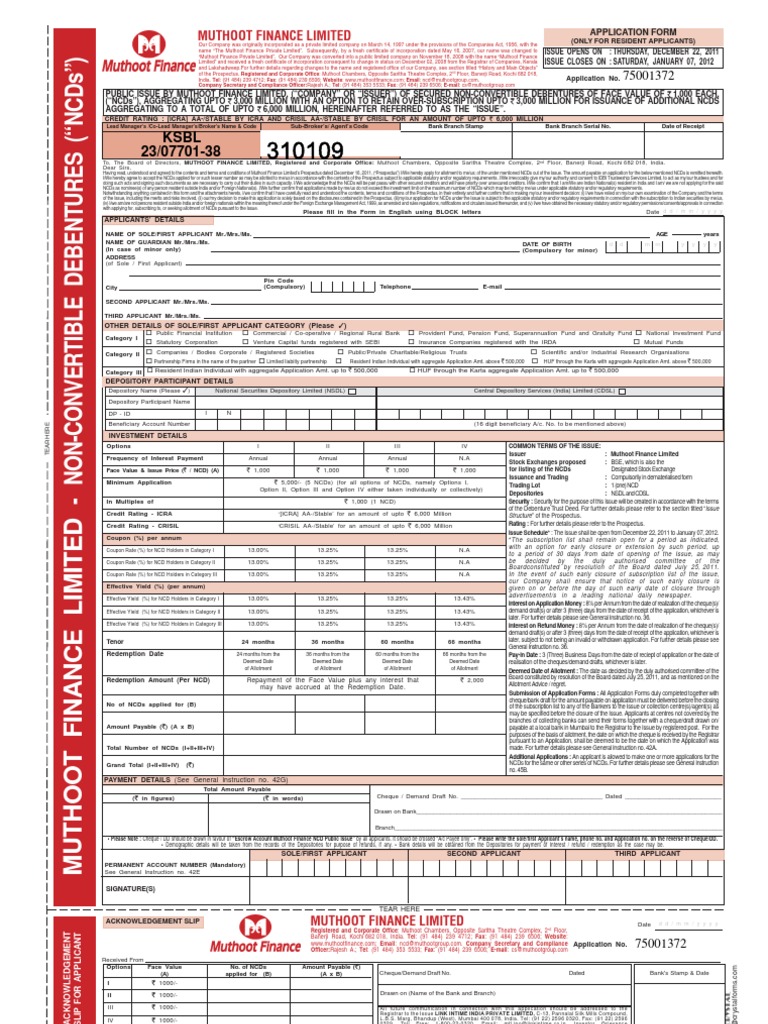 Muthoot Finance NCD Application Form Dec 2011 - Jan 2012 | PDF | Cheque ...