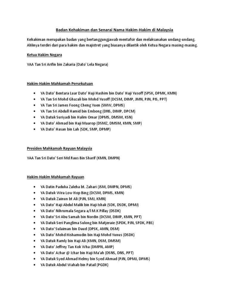 Badan Kehakiman Dan Senarai Nama Hakim Pdf