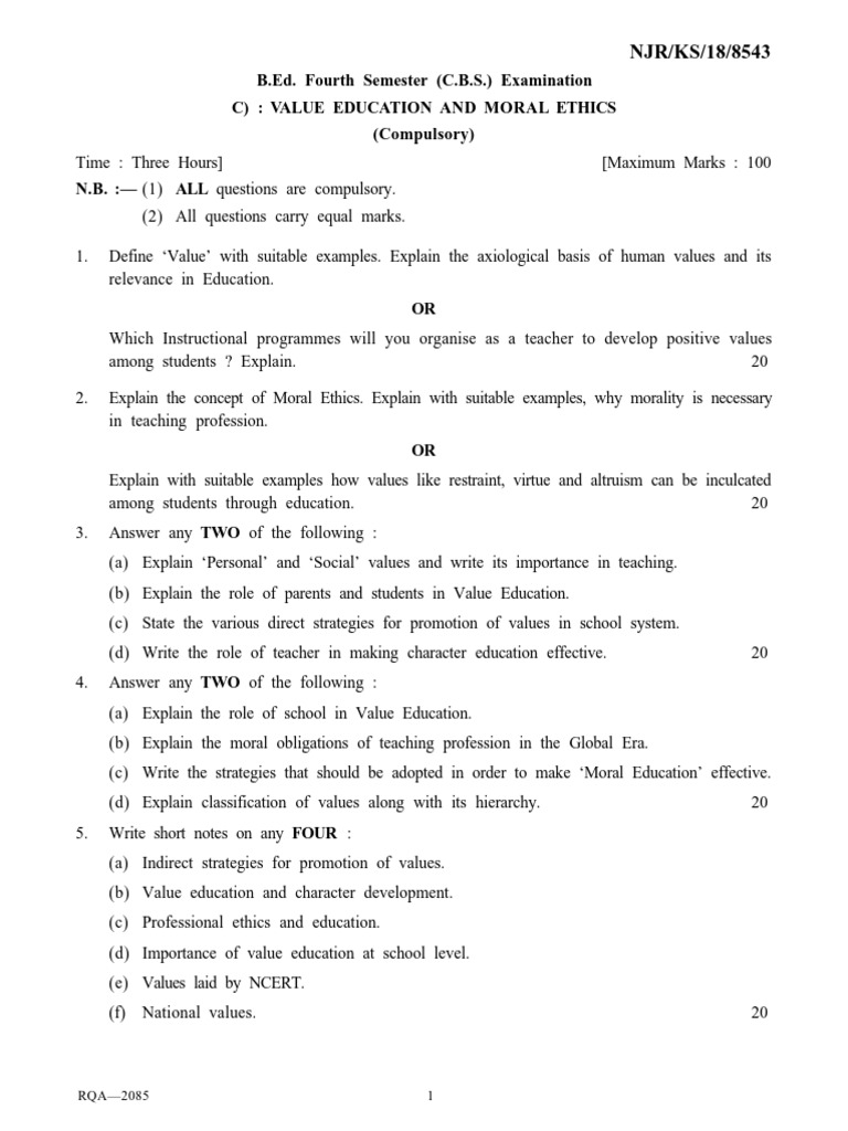 B.Ed. Fourth Semester (C.B.S.) Examination C) : Value Education and ...
