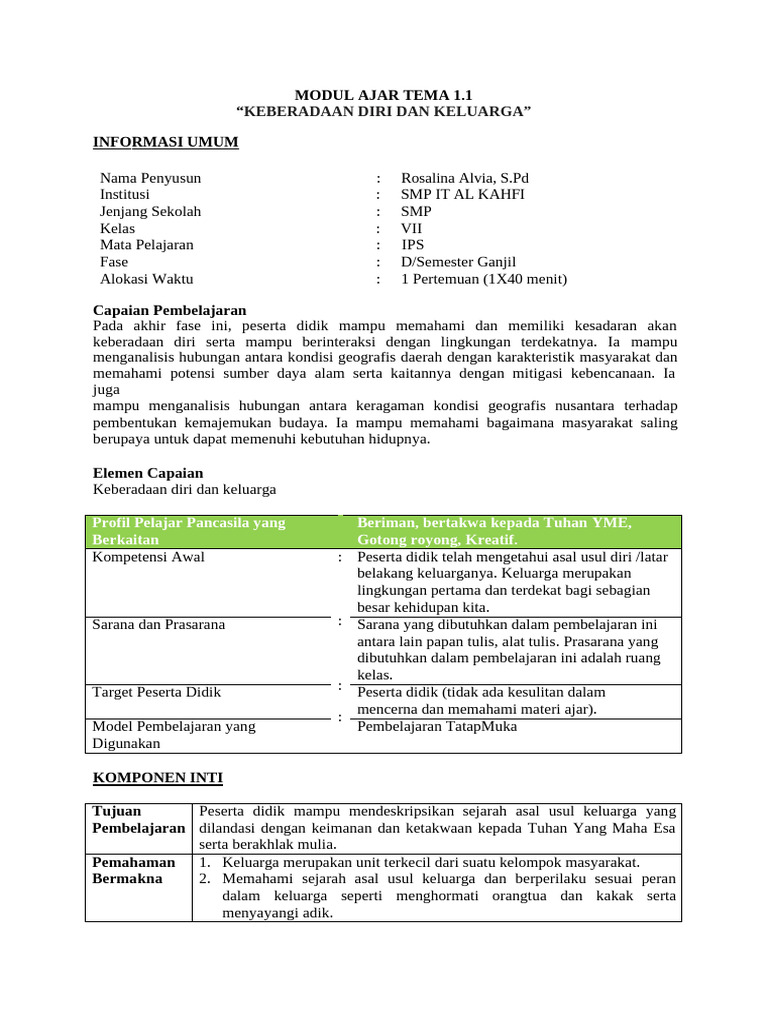 Modul Ajar Tema 1 Keberadaan Diri Dan Keluarga Pdf