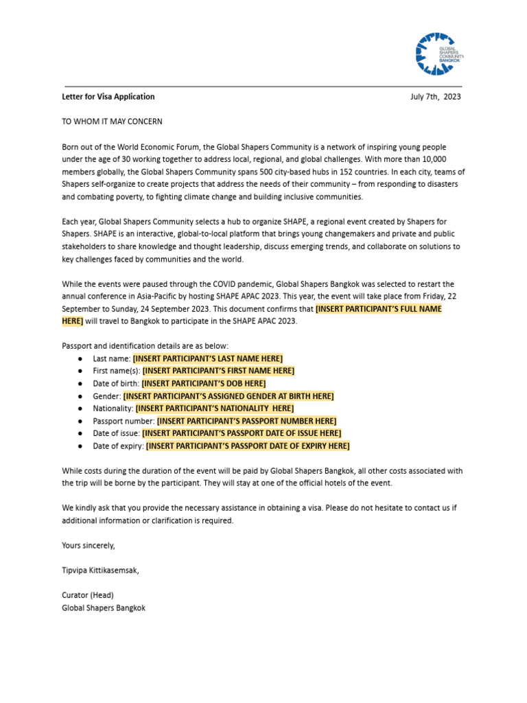 Visa Letter Template - SHAPE APAC 2023 Bangkok | PDF