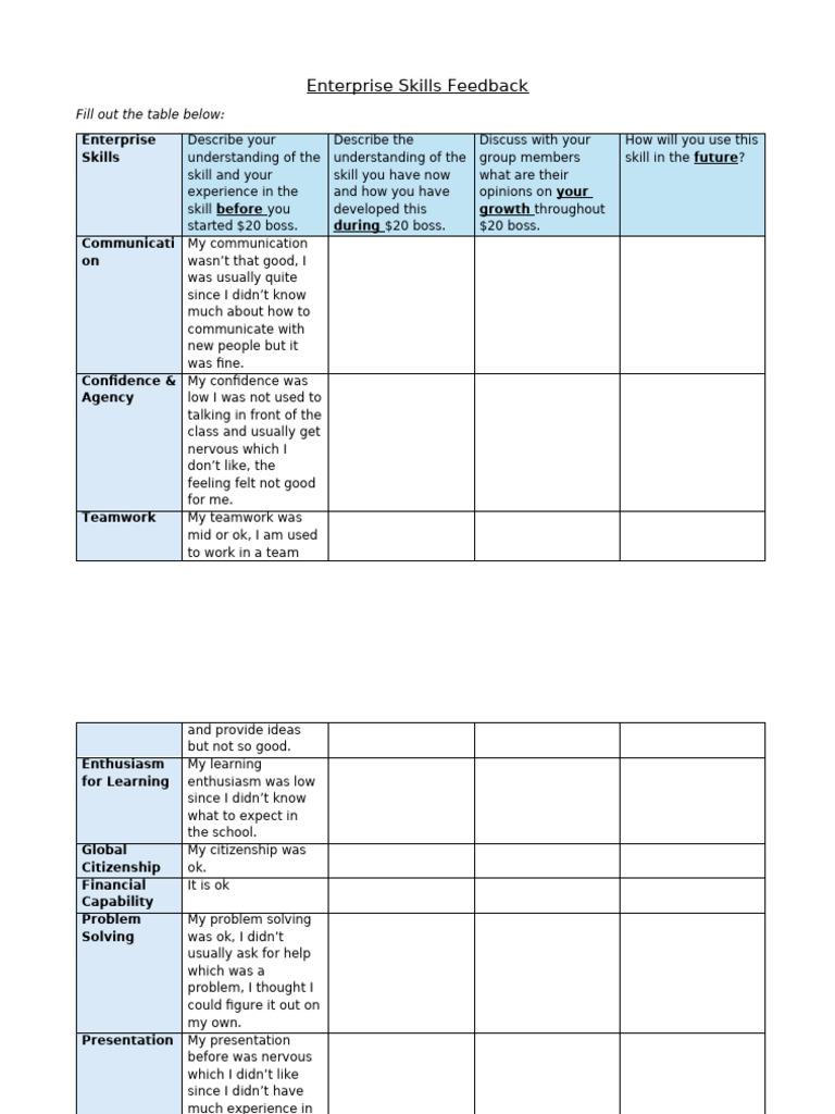 $20 Boss Enterprise Skill Reflection | PDF