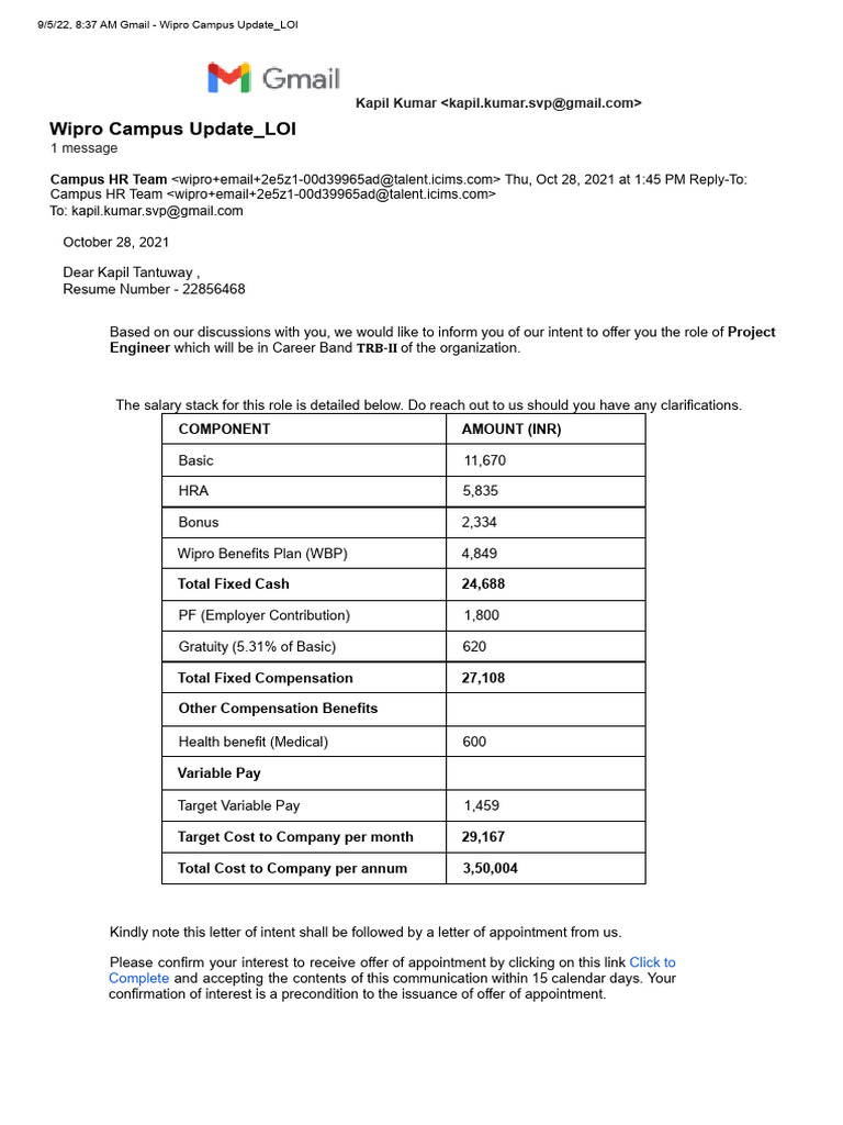 Wipro Campus Update - LOI: Project Engineer | PDF