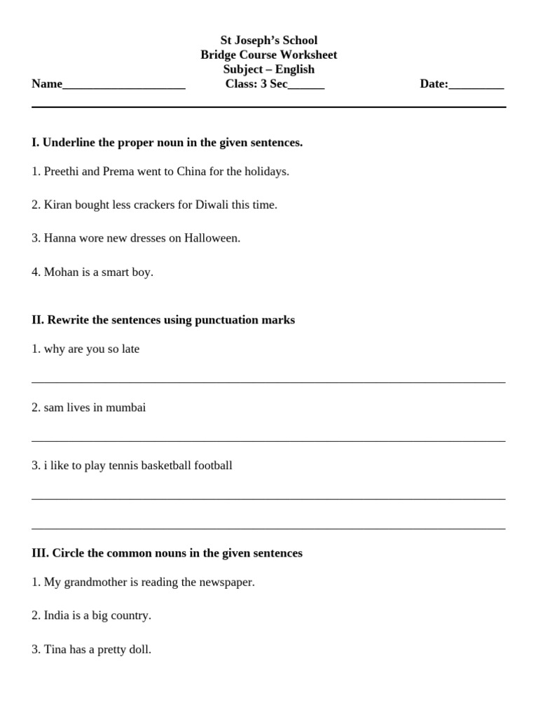 Class 3 - Eng Bridge Course Worksheet 2 | PDF