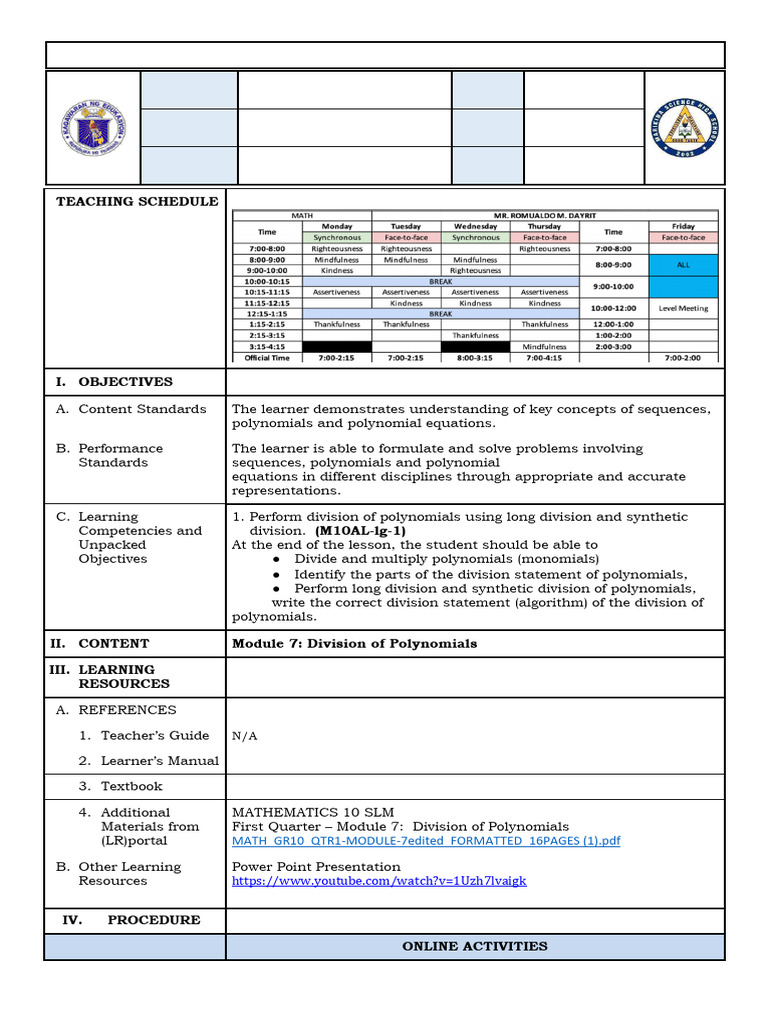 Division of Polynomials Lesson Plan | PDF | Division (Mathematics ...