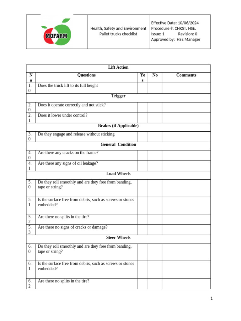 Pallet Truck Inspection Checklist | PDF | Manufactured Goods | Vehicles