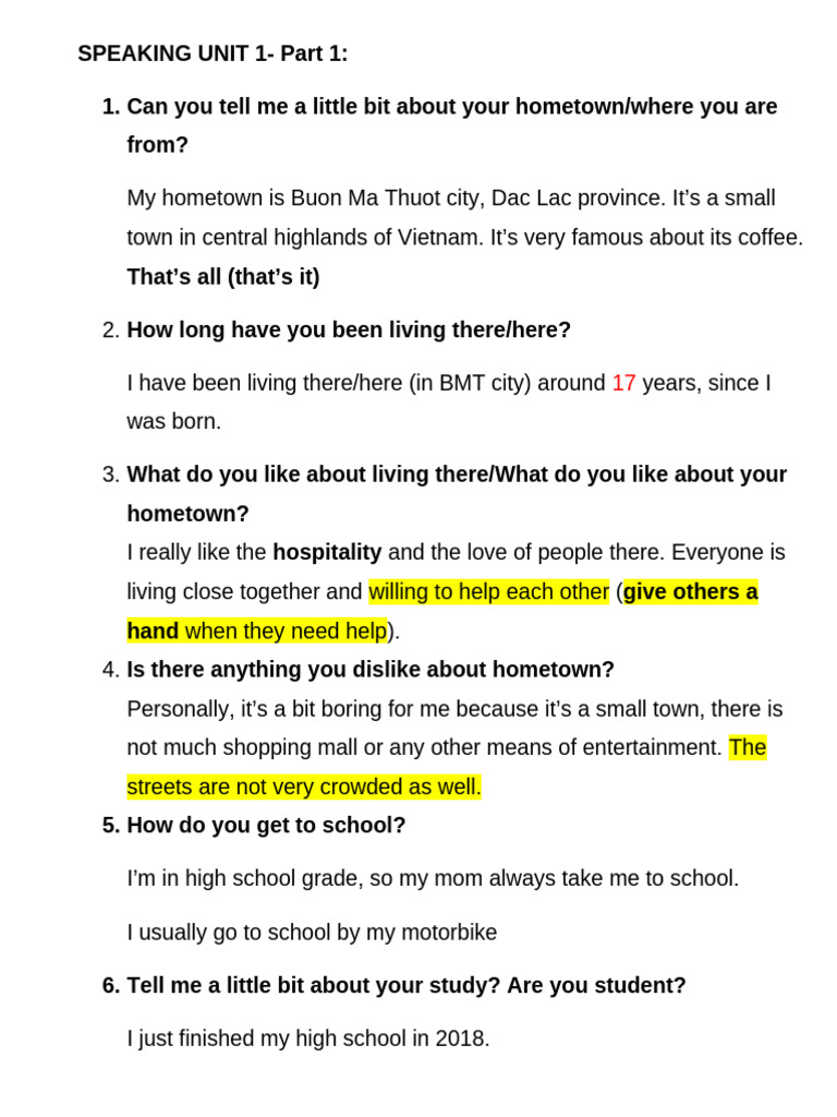 Speaking Unit 1 | PDF