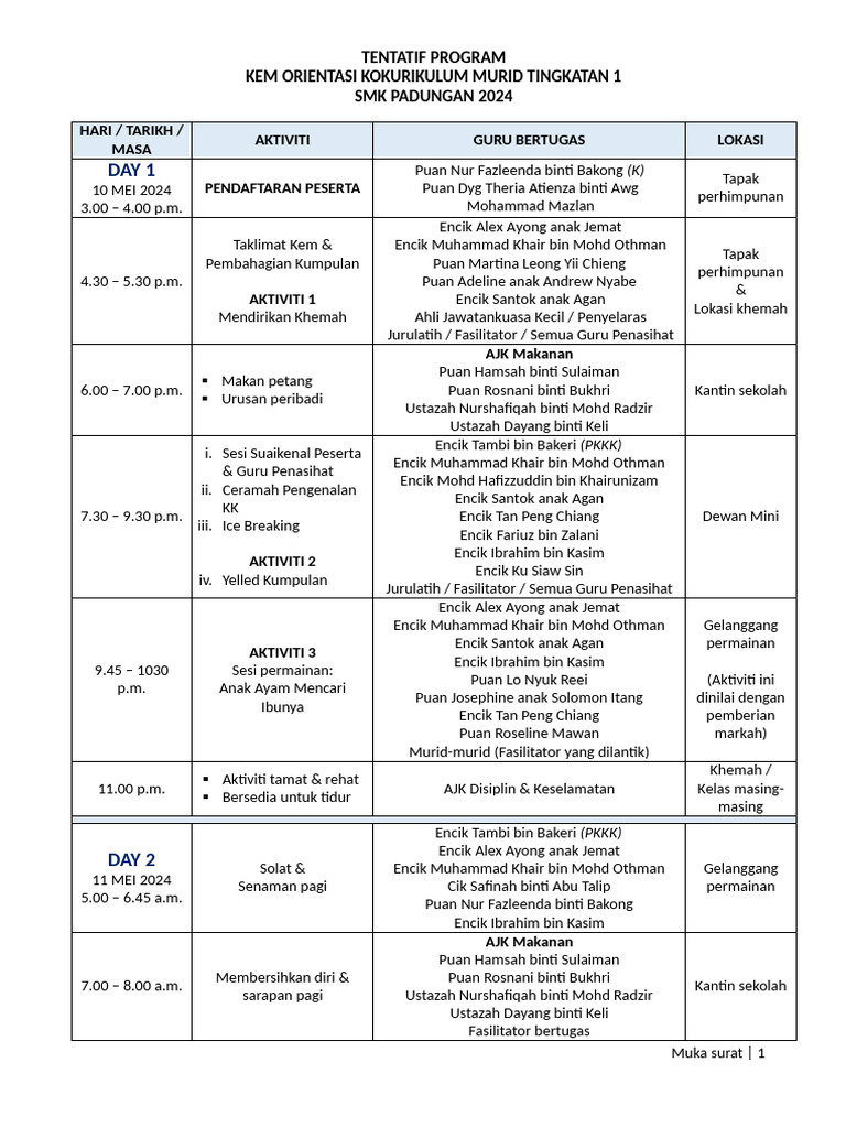 TENTATIF_PROGRAM_KEM_ORIENTASI_KOKURIKULUM_MURID_TINGKATAN_1_2024 | PDF