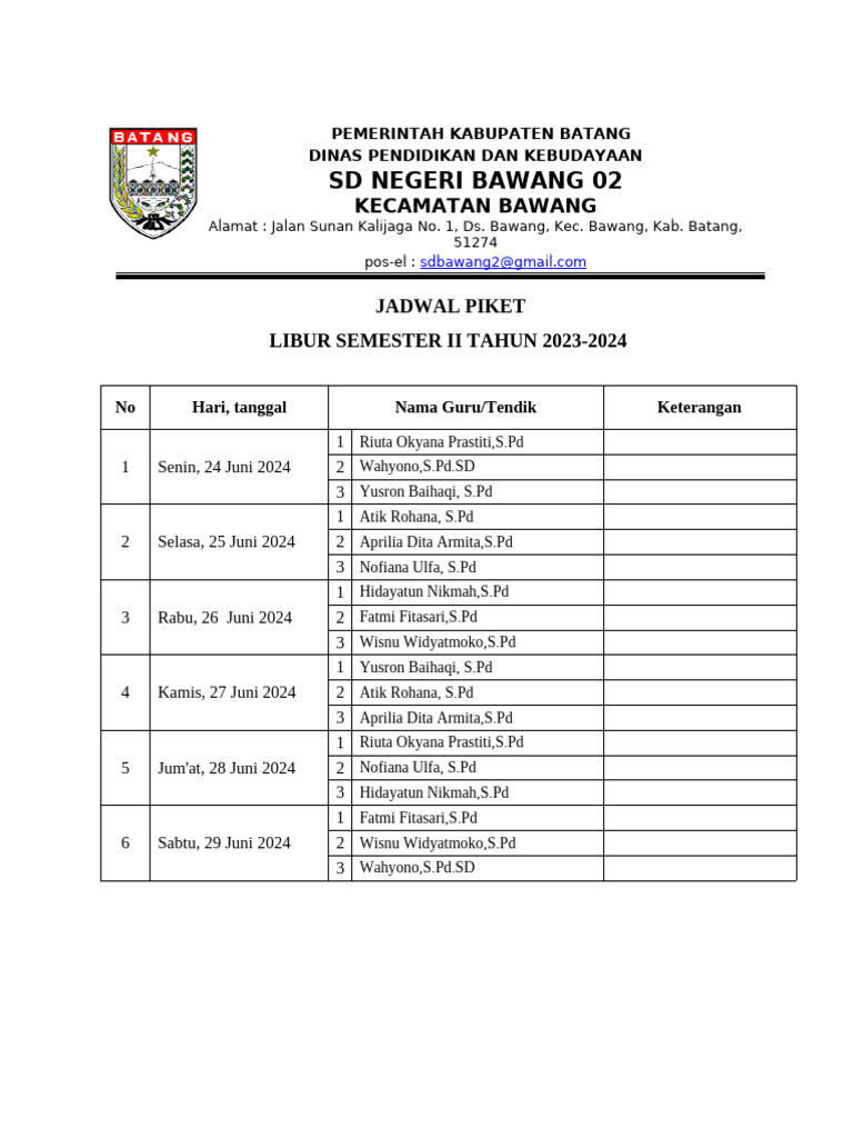 Jadwal Piket Libur Semester Genap 2023 2024 Pdf
