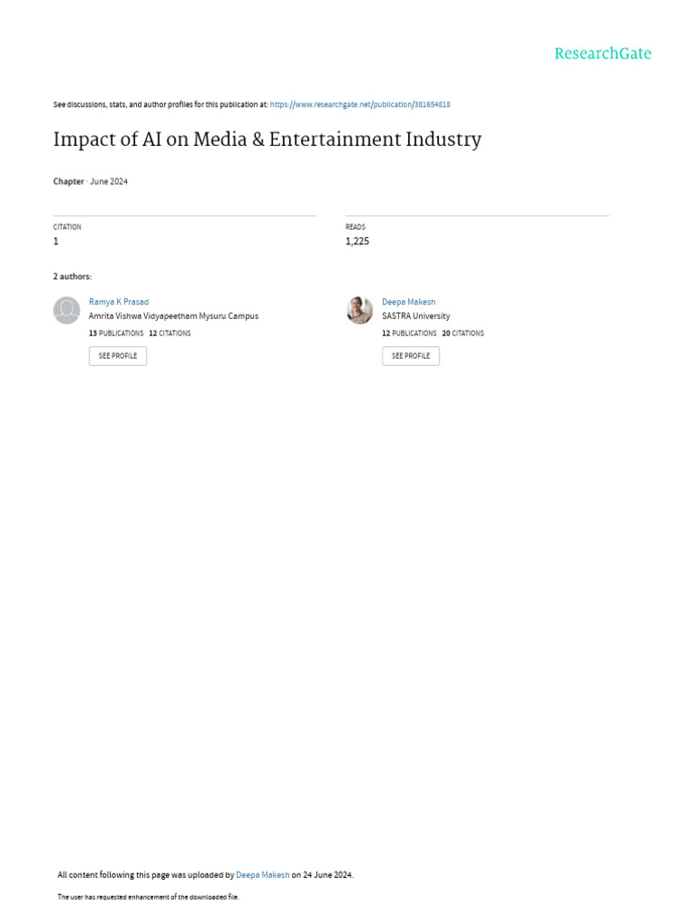 AI's Impact on Media & Entertainment PDF Artificial Intelligence