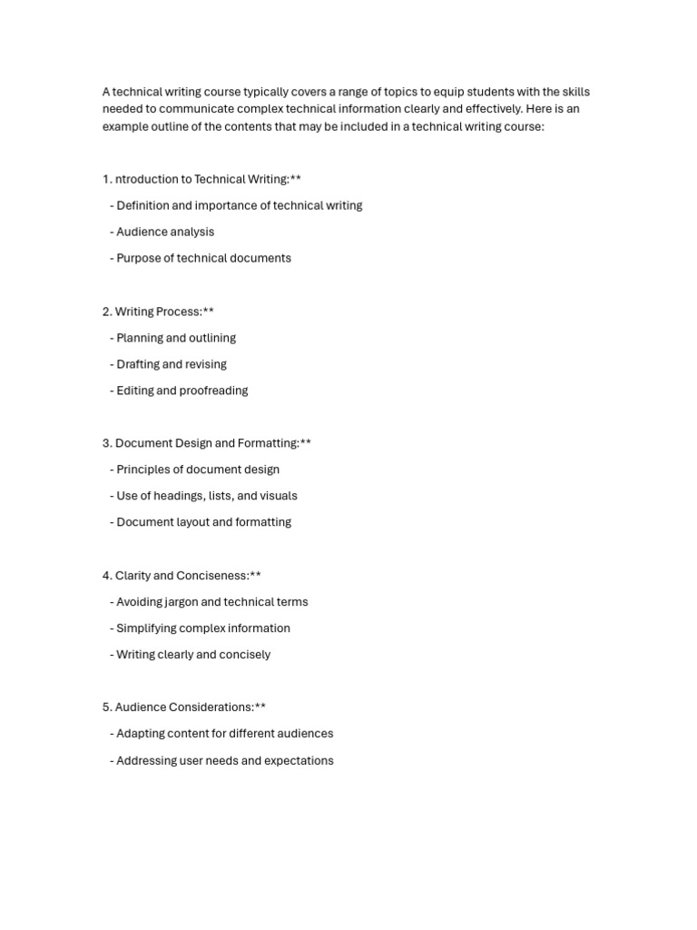 A technical writing course typically covers a range of topics to equip