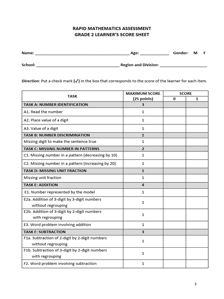 RMA2 - Grade 2 - Learner's Score Sheet - 7 June 024 - Final | PDF