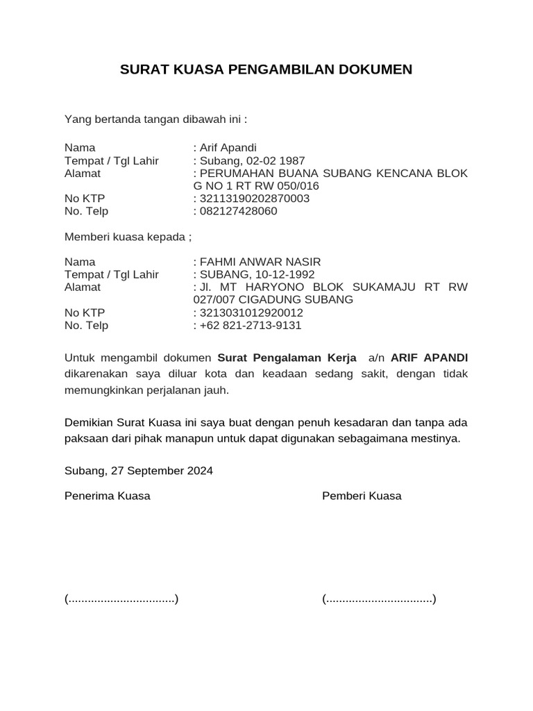 Surat Kuasa Pengambilan Dokumen | PDF