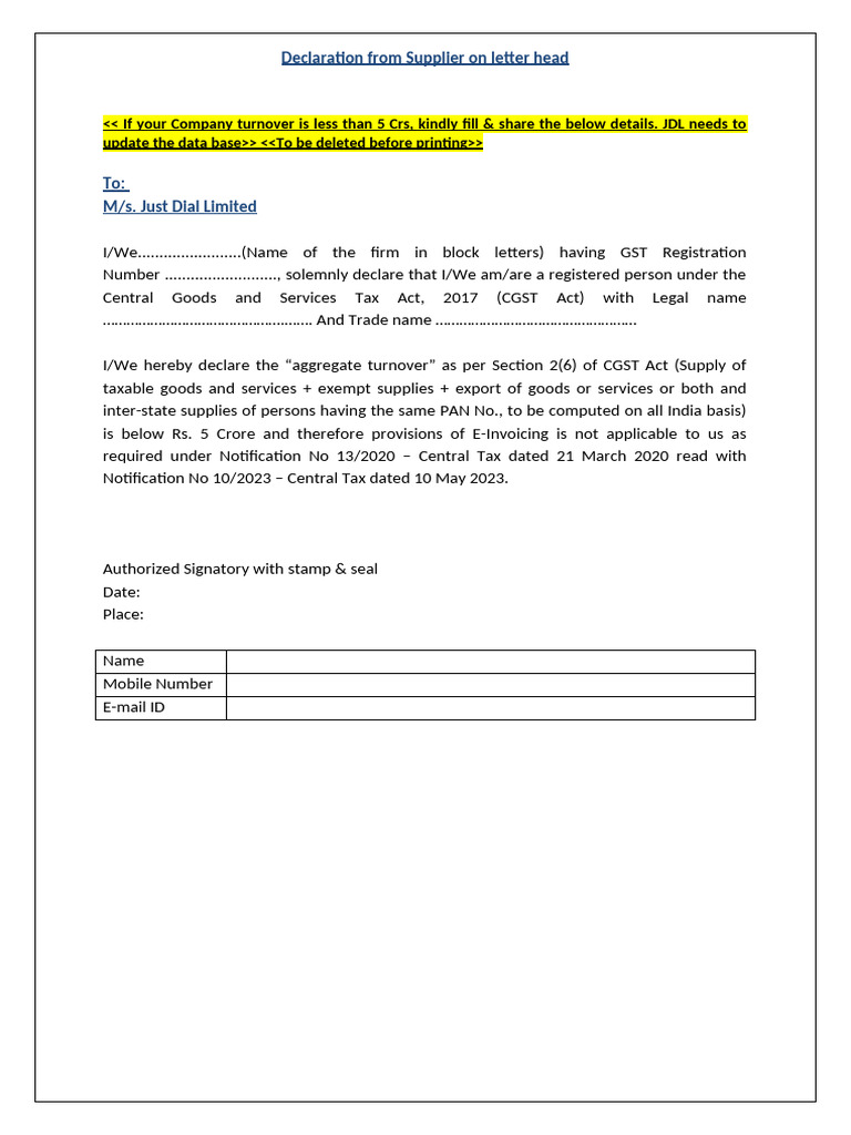 Declaration from Supplier on letter head for ECO Exemption - 06.06.2023 ...