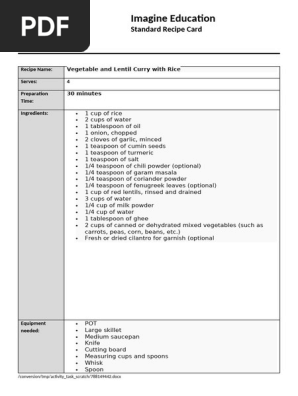 Hindu Diet Recipe Card
