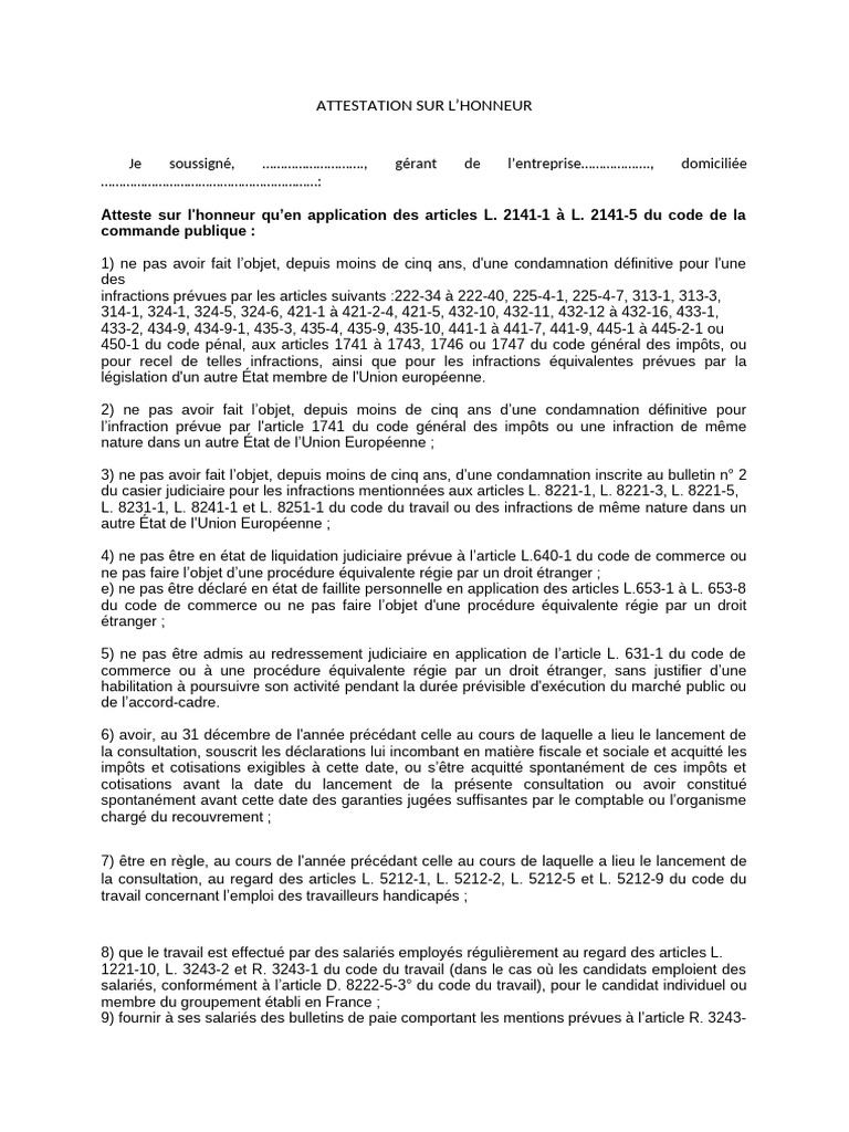 Modele Attestation Sur l'Honneur | PDF