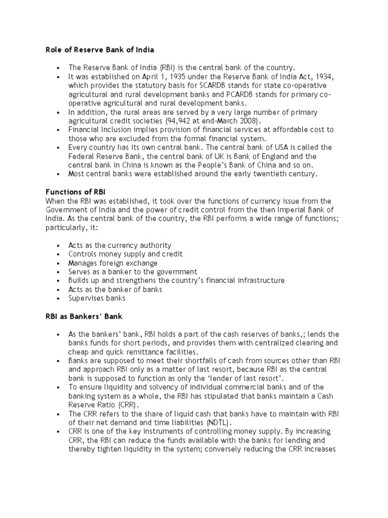 Role and Functions of RBI as Central Bank | PDF | Reserve Bank Of India ...