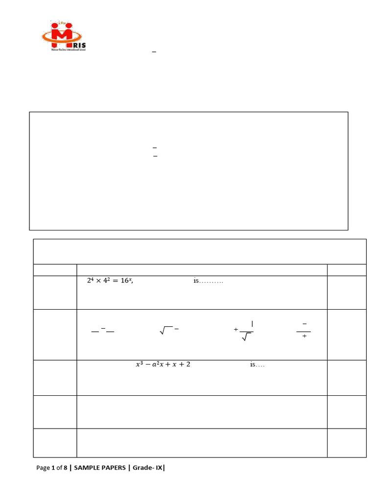 Manav rachna international school sample paper grade ix subject