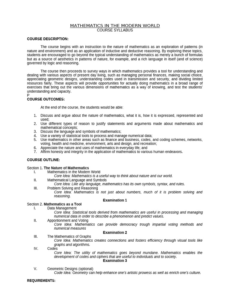 Mathematics in the modern world syllabus pdf
