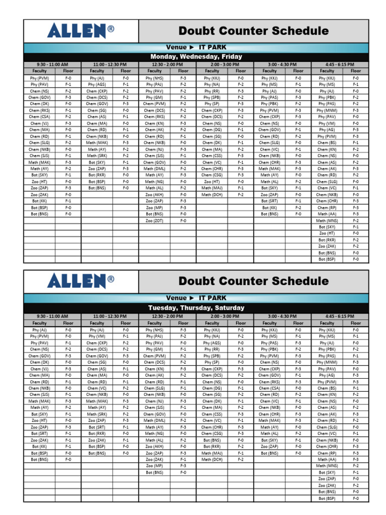 Allen: Doubt Counter Schedule | PDF