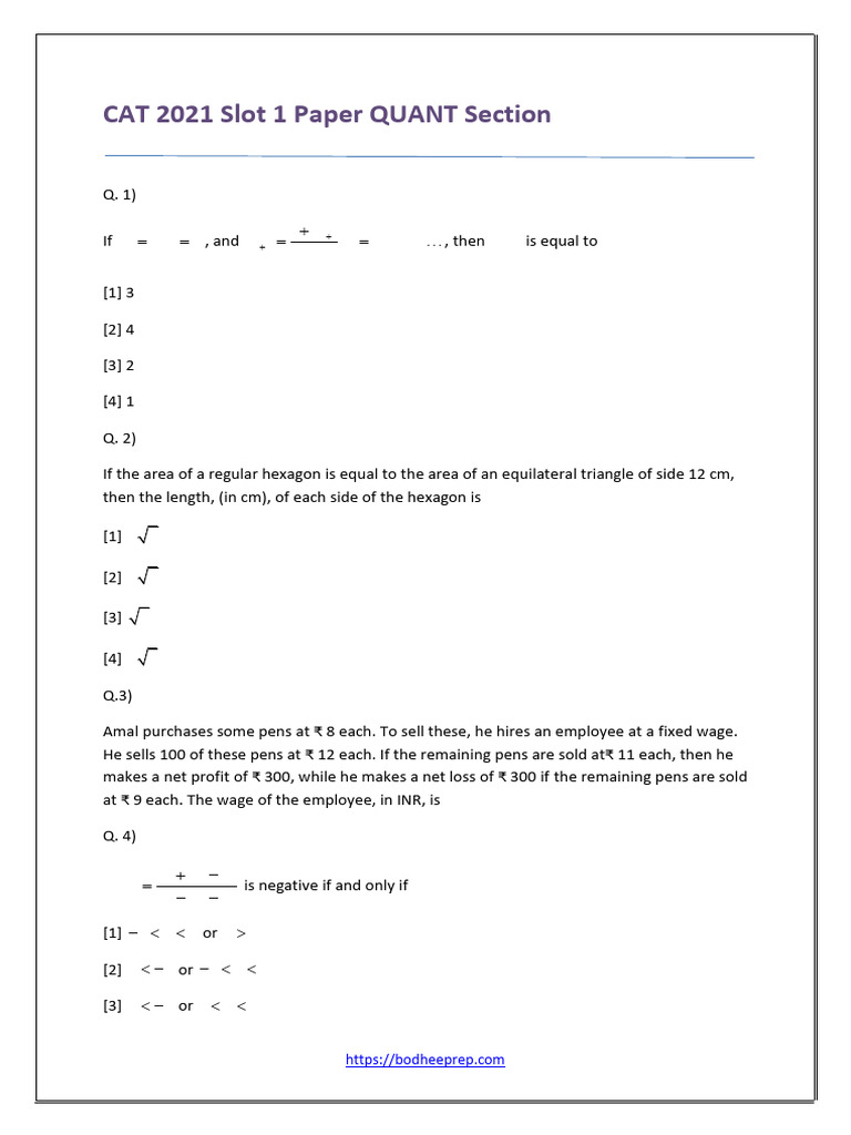 CAT 2021 Paper Slot 1 With Answer Keys Removed | PDF