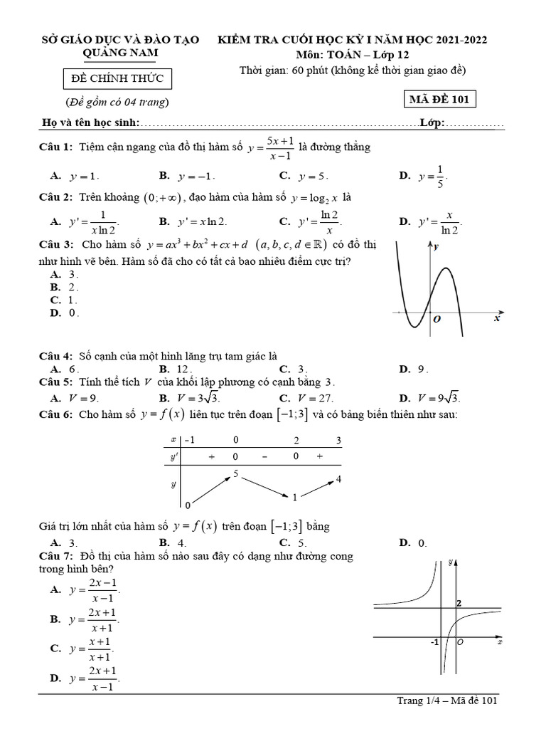 De Kiem Tra Cuoi Hoc Ky 1 Toan 12 Nam 2021 2022 So GDDT Quang Nam | PDF