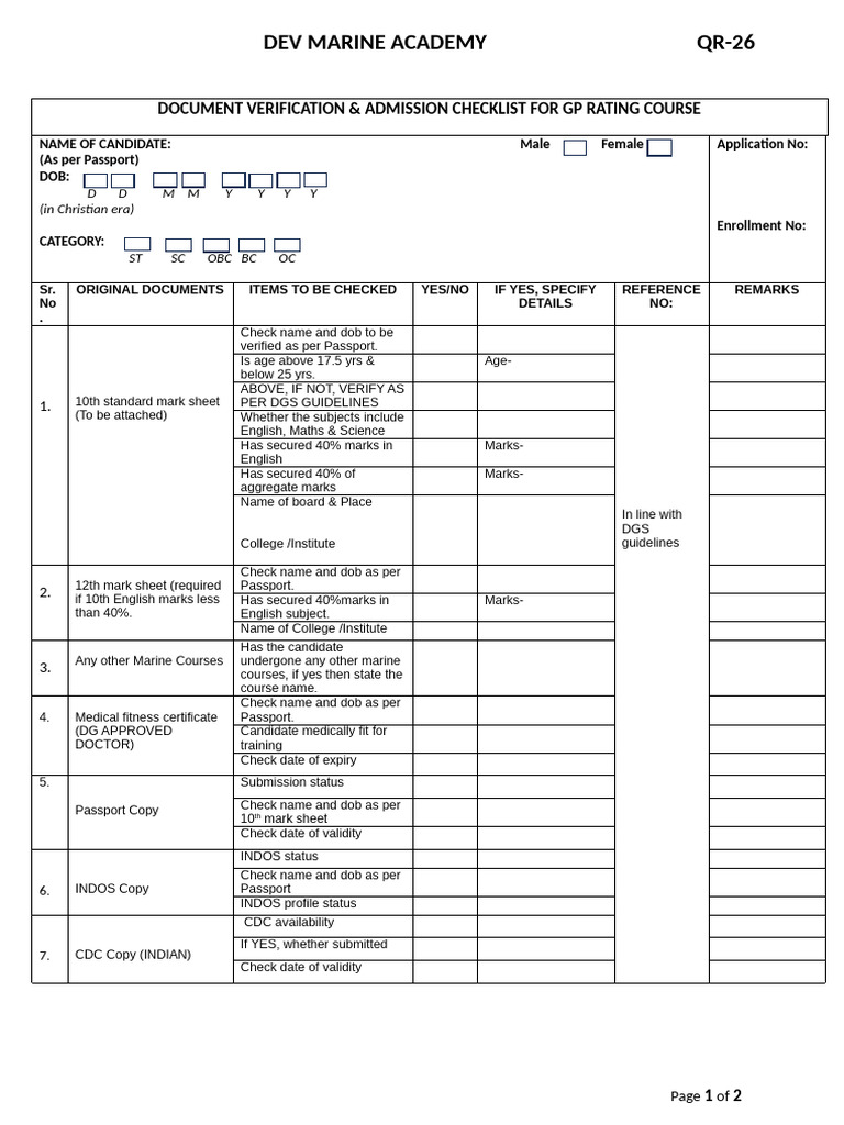 QR-26 Document Verification & Admission Check List For GP Rating | PDF