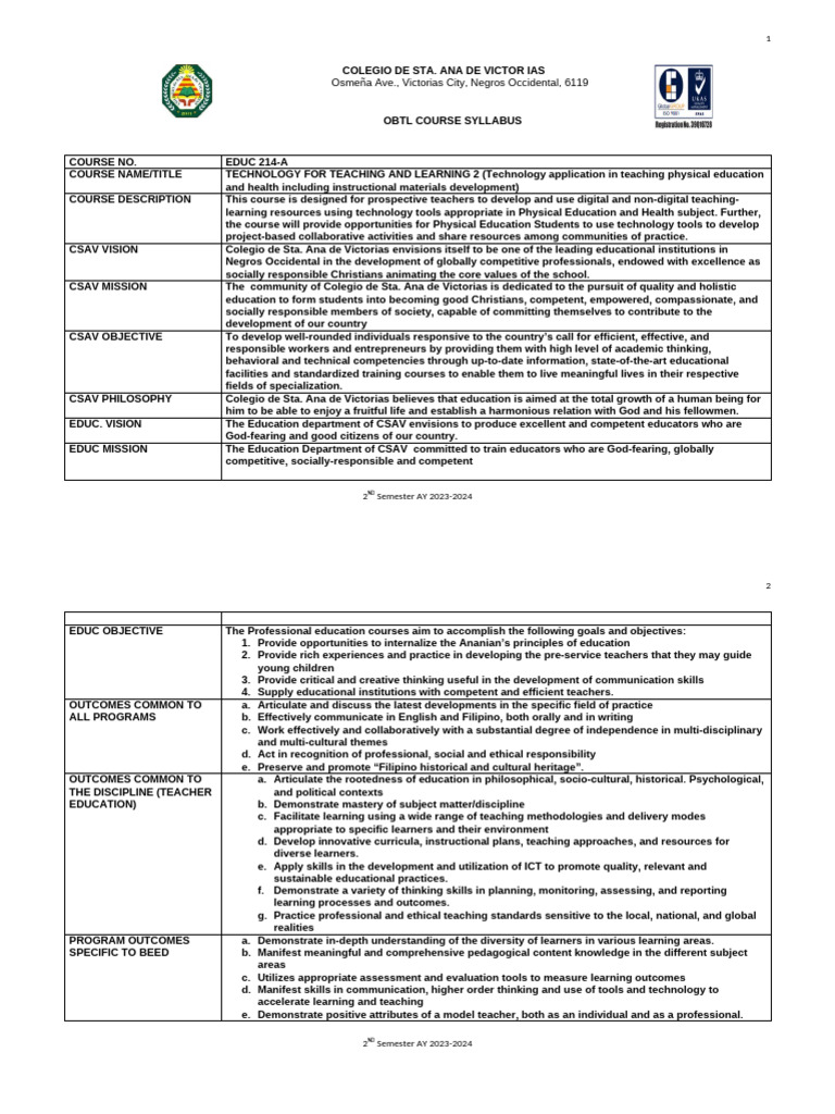 OBTL Course Syllabus - EDUC 214A | PDF