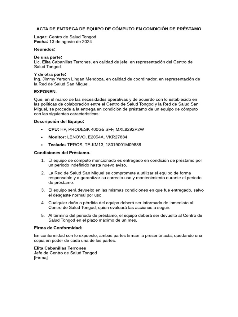 Acta de Entrega de Equipo de Cómputo en Condición de Préstamo | PDF