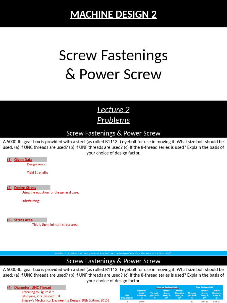 Machine Design 2 - Lecture 2P - Screw Fastenings - Power Screw | PDF