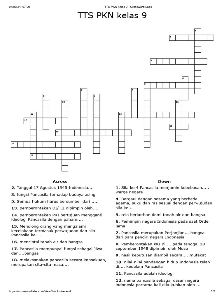 TTS PKN Kelas 9 - Crossword Labs | PDF