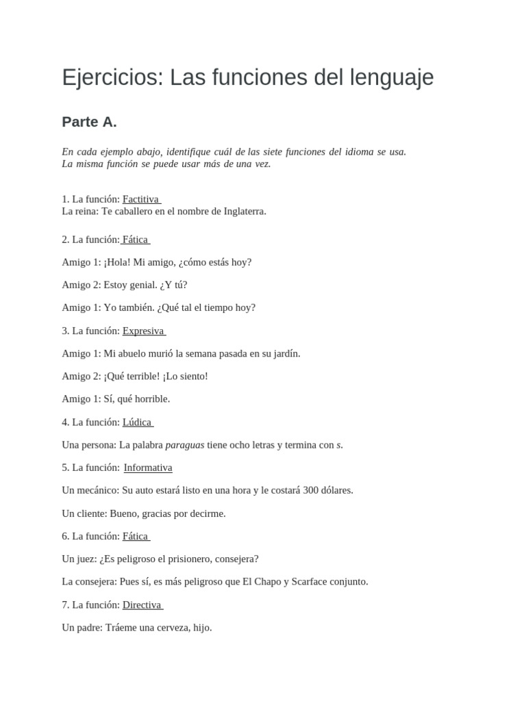 Ejercicios Sobre Las Funciones Del Lenguaje Pdf