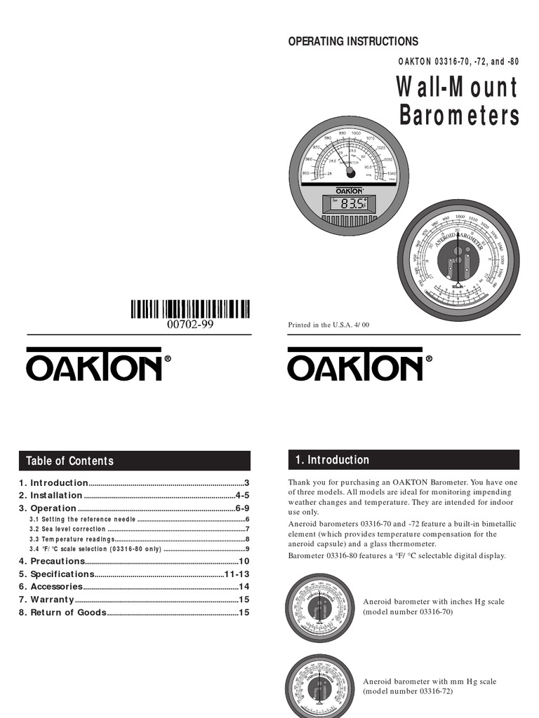 Wall-Mount Barometers: Operating Instructions | PDF | Atmospheric ...
