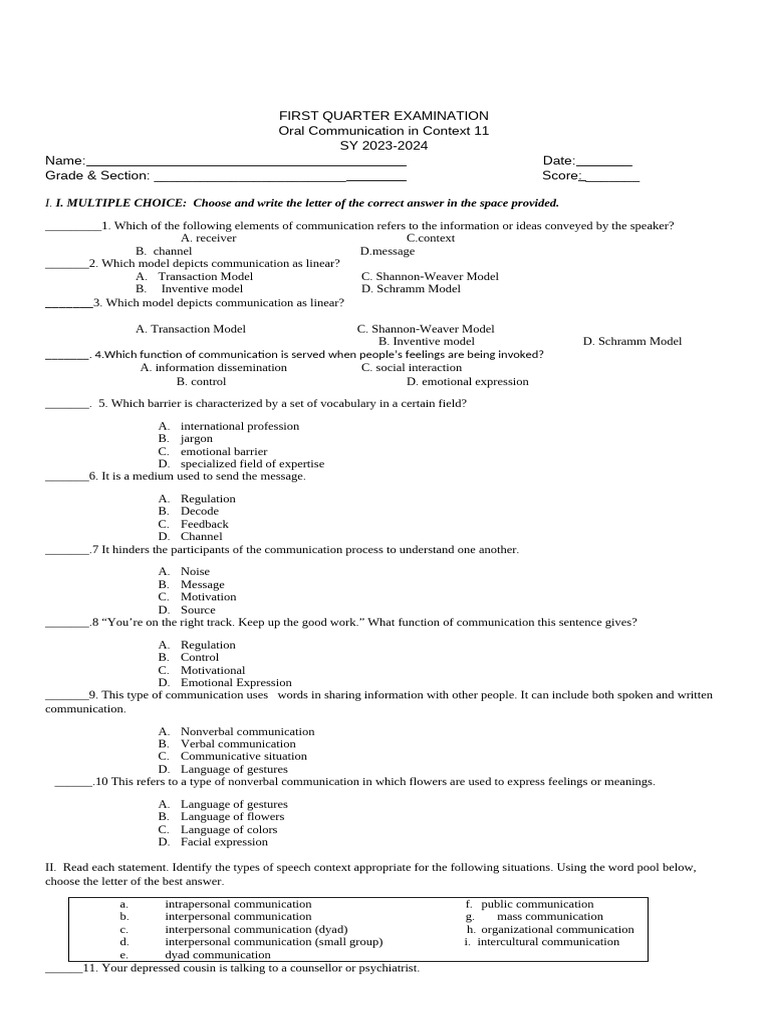 Grade 11 Oral Communication Exam 2023-2024 | PDF | Communication ...
