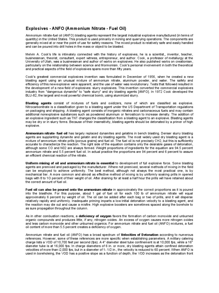 Explosives - ANFO (Ammonium Nitrate - Fuel Oil) | PDF | Explosive ...
