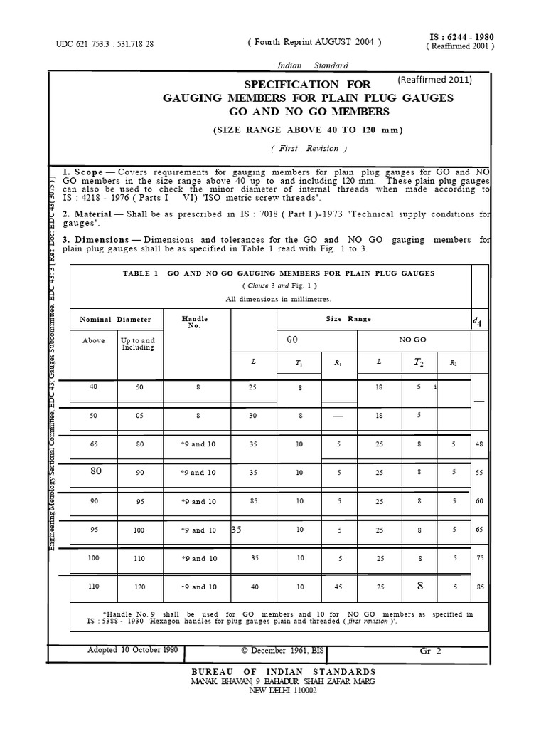 Specification For Gauging Members For Plain Plug Gauges Go and No Go ...