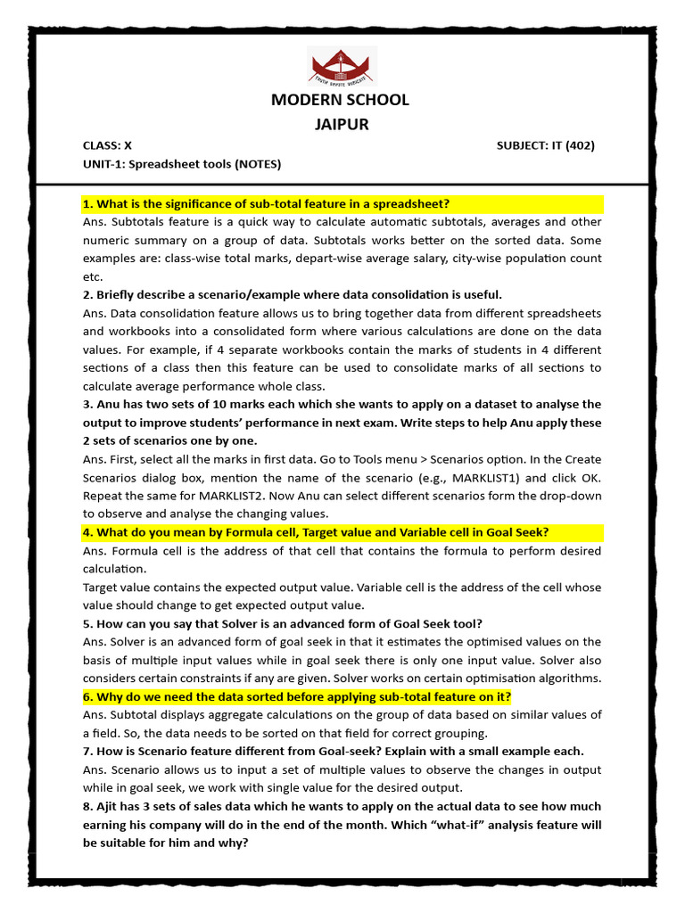 Spreadsheet tool class 10 pdf