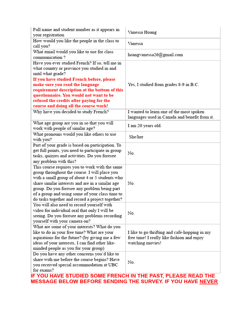 PRE-COURSE SURVEY (Section 104) | PDF | Linguistics | Human Communication