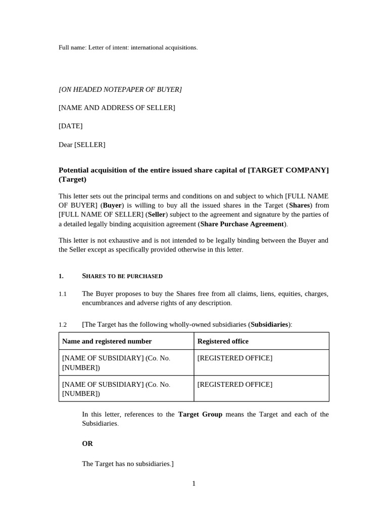 Letter of Intent - International Acquisitions | PDF