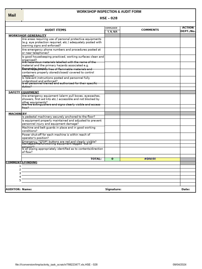 HSE-028 - Workshop Inspection & Audit Form | PDF