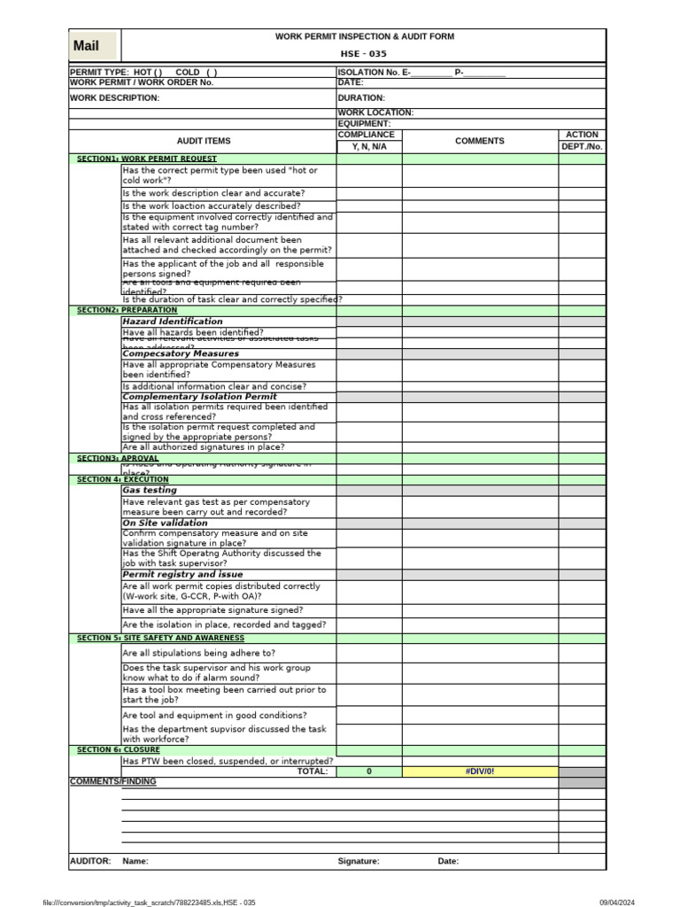 HSE-035 - Work Permit Inspection & Audit Form | PDF