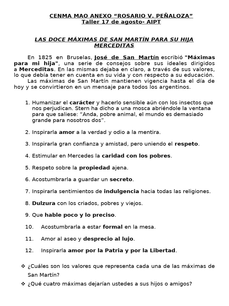 Las Doce Máximas de San Martín para Su Hija Merceditas | PDF
